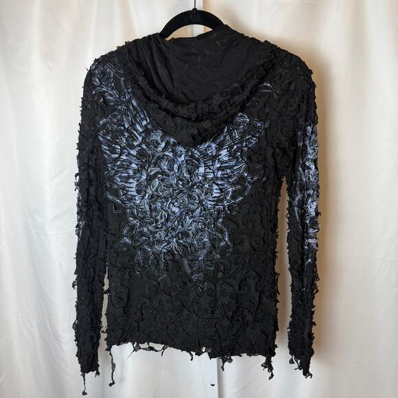 VTG Y2K In Vein Burnout Velvet Hoodie L Black Grunge Shredded Textured Indie - Picture 2 of 8